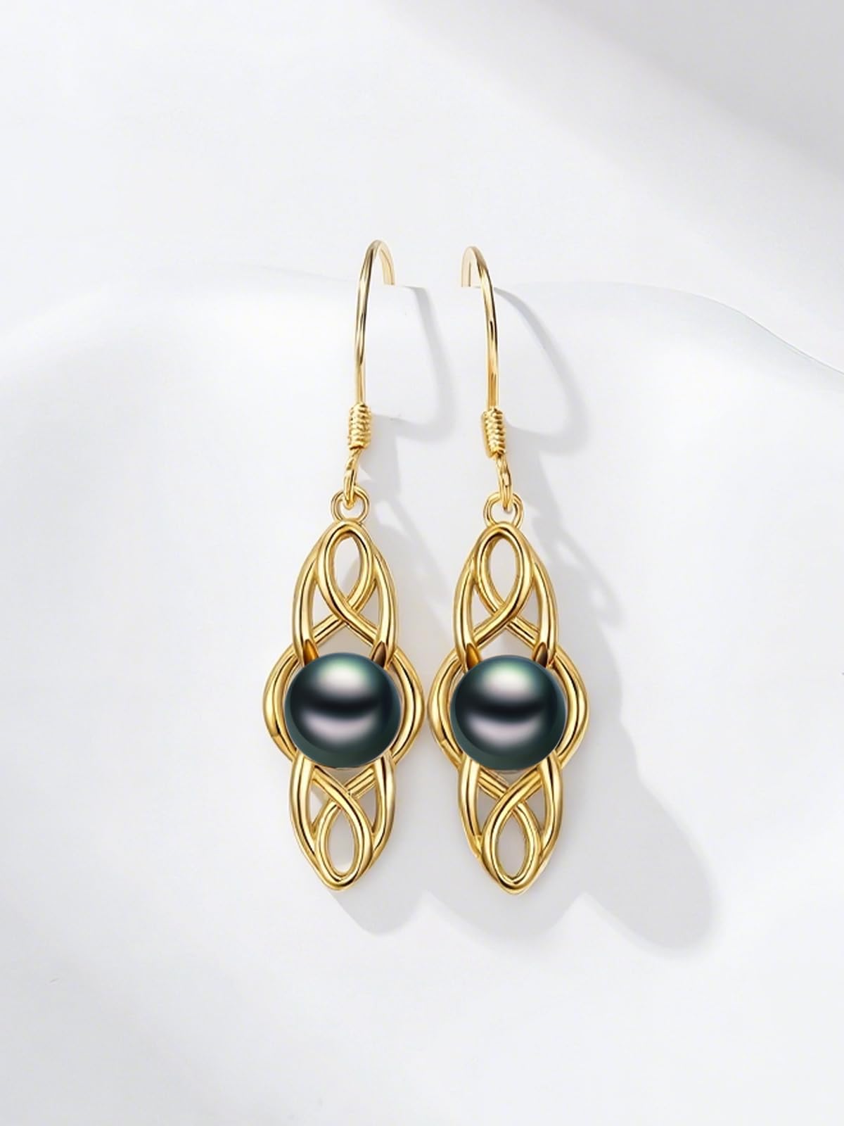 KANNSOAR Tahitian Black Pearl 18K AAAA Yellow Gold Plated Sterling Silver Celtic Knot Dangle Drop Earrings for Women Wife Mom Girlfriend Her Jewelry Gift for Anniversary Birthday Christmas