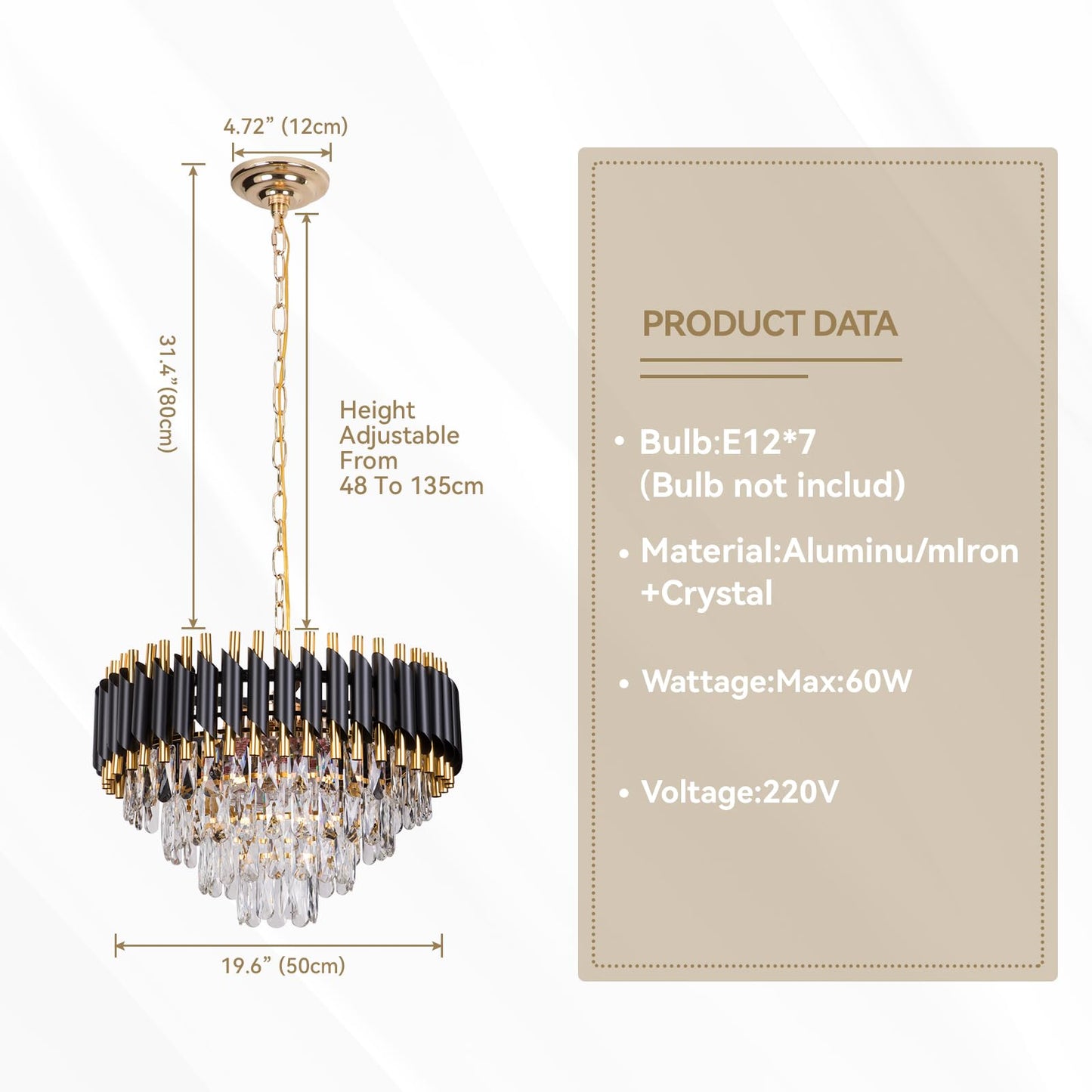 FRIXCHUR Modern Crystal Chandelier 20" Black Flush Mount Ceiling Light 4 Tiers Crystal Pendant Light LED Crystal Chandelier for Bedroom Dining Room