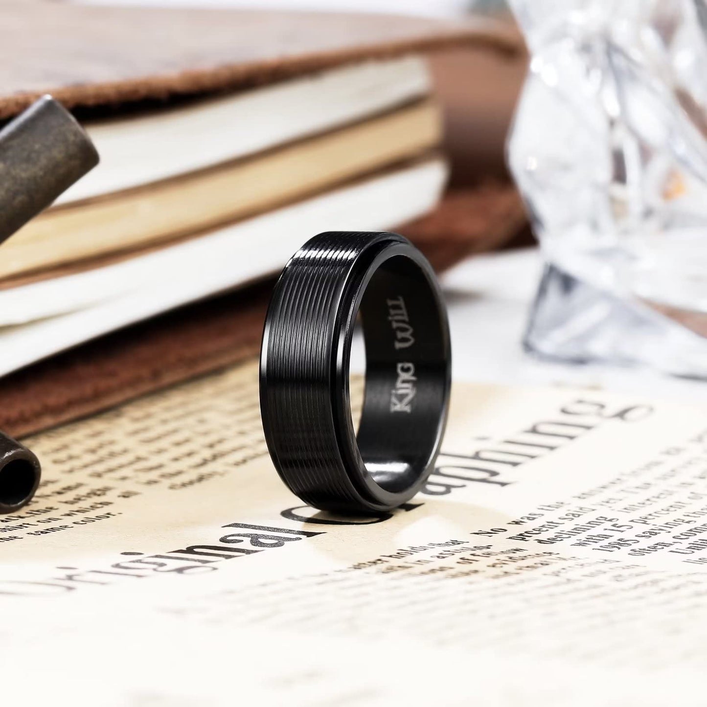 King Will Black Line Groove Mens Women 8mm Spinner Rings Stainless Steel Anxiety Fidget Ring for Women Men Polish Groove Wedding Band Fidget Ring Matte Brushed Comfort Fit 7
