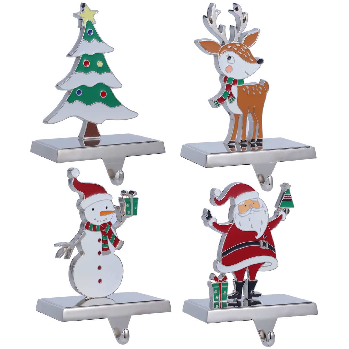 Baseo Christmas Stocking Holders Set of 4 Metal Christmas Stocking Holders for Fireplace-Xmas Deer Snowman Tree Santa Christmas Stocking Holder for Mantle-Stocking Hangers for Fireplace Topper