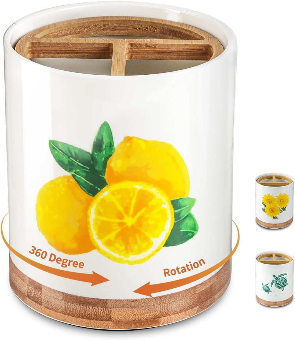 HAPPY KIT 7.6″ Extra Large Kitchen Utensil Holder Porcelain 360° Rotating Utensil Holder for Kitchen Counter with 3 Removable Compartment, Housewarming Gift & Farmhouse Decor (Lemon)