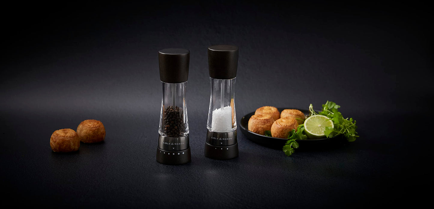 Cole & Mason H332293 Derwent Black Wood Salt and Pepper Mills, Gourmet Precision+, Adjustable Grind, Stained Beech/Acrylic, 190 mm, Gift Set, Includes 1 Salt and 1 Pepper Grinders