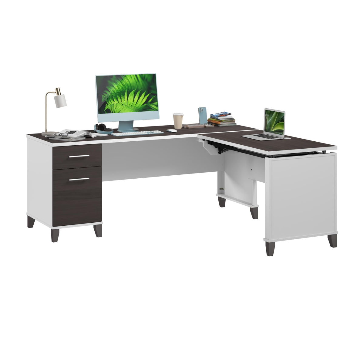 Bush Furniture Somerset 72W 3 Position Sit to Stand Adjustable Standing L Shaped Desk in White and Storm Gray, Ergonomic Corner Computer Office Table