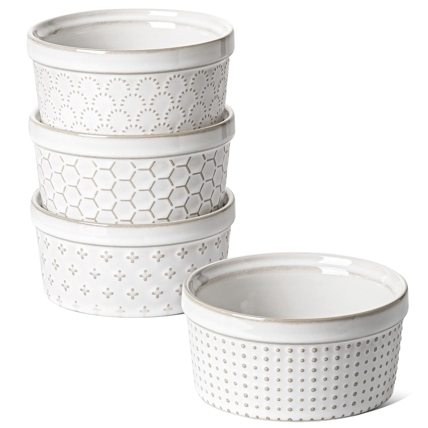 LE TAUCI Ramekins 8 oz, Ramiken for Creme Brulee, Lava Cake, Pudding, Souffle, Pot Pie, Ceramic Baking Dishes, Oven Safe - 4.3 inch, Set of 4, Arctic White