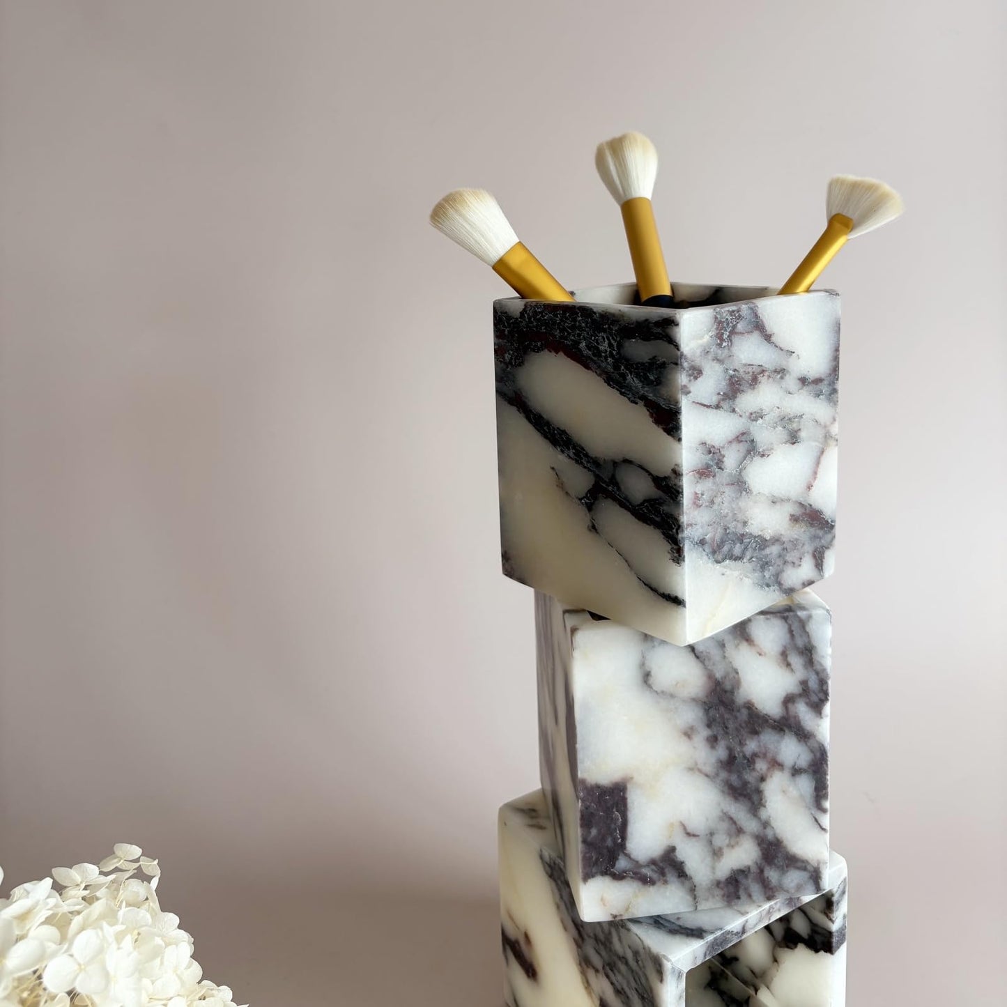 StonePlus Natural Marble Stone Square Storage Container Empty Vessel Holder Cup for Candle/Pens/Sundries items (Calacatta Purple)