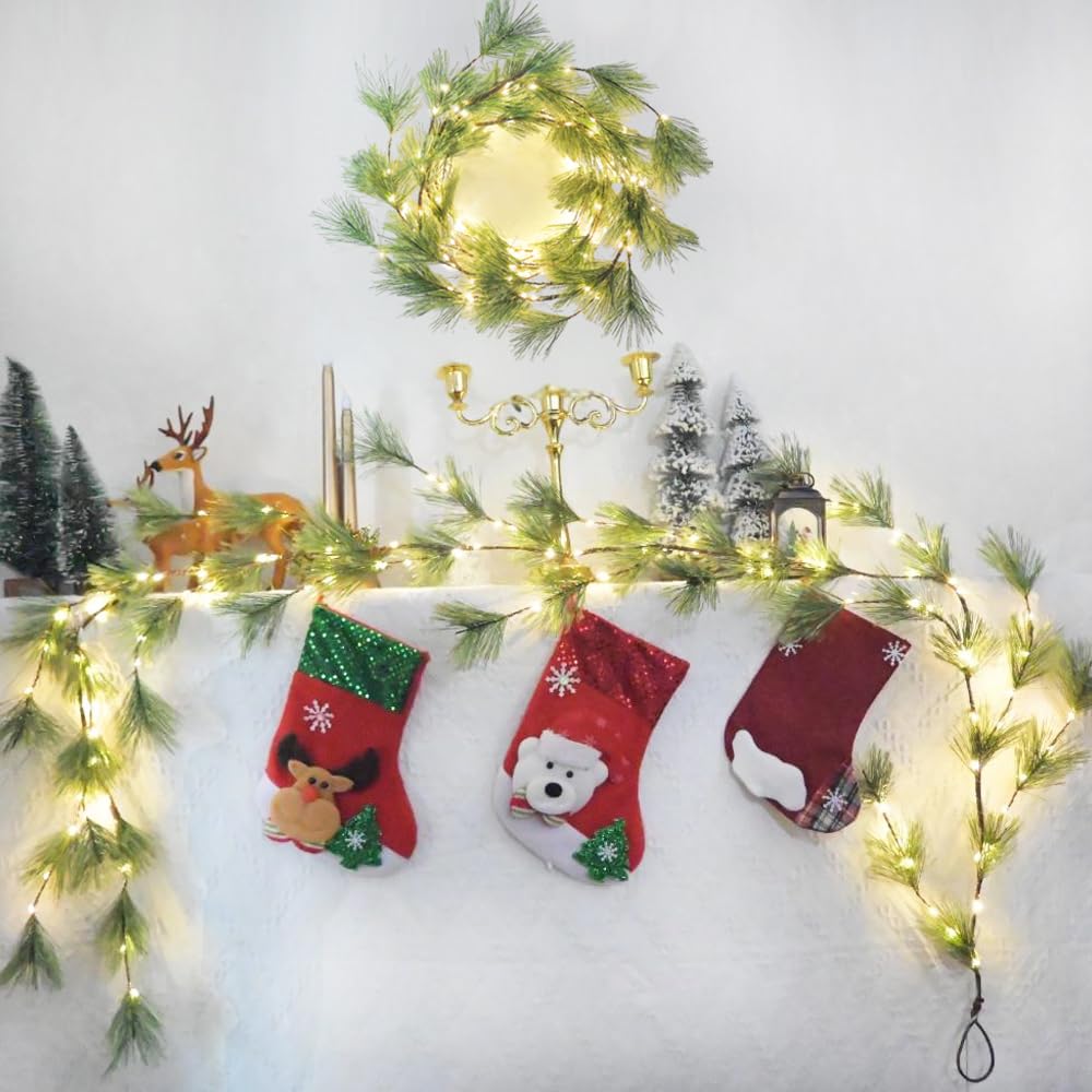 2025 New 6.56FT Christmas Pine Garland Lights 96 Warm White LED Lights 8 Flash Modes Battery Operated with Timer Lighted Smoky Pine Garland for Mantle Fireplace Indoor Home Christmas Decoration