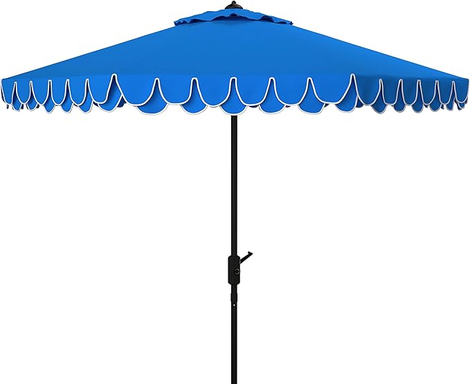 SAFAVIEH 9ft Outdoor Patio Umbrella, Round, Valance, Pacific Blue & White Trim, Auto Crank Tilt, UV Resistant for Deck, Backyard, Poolside (PAT8006P)