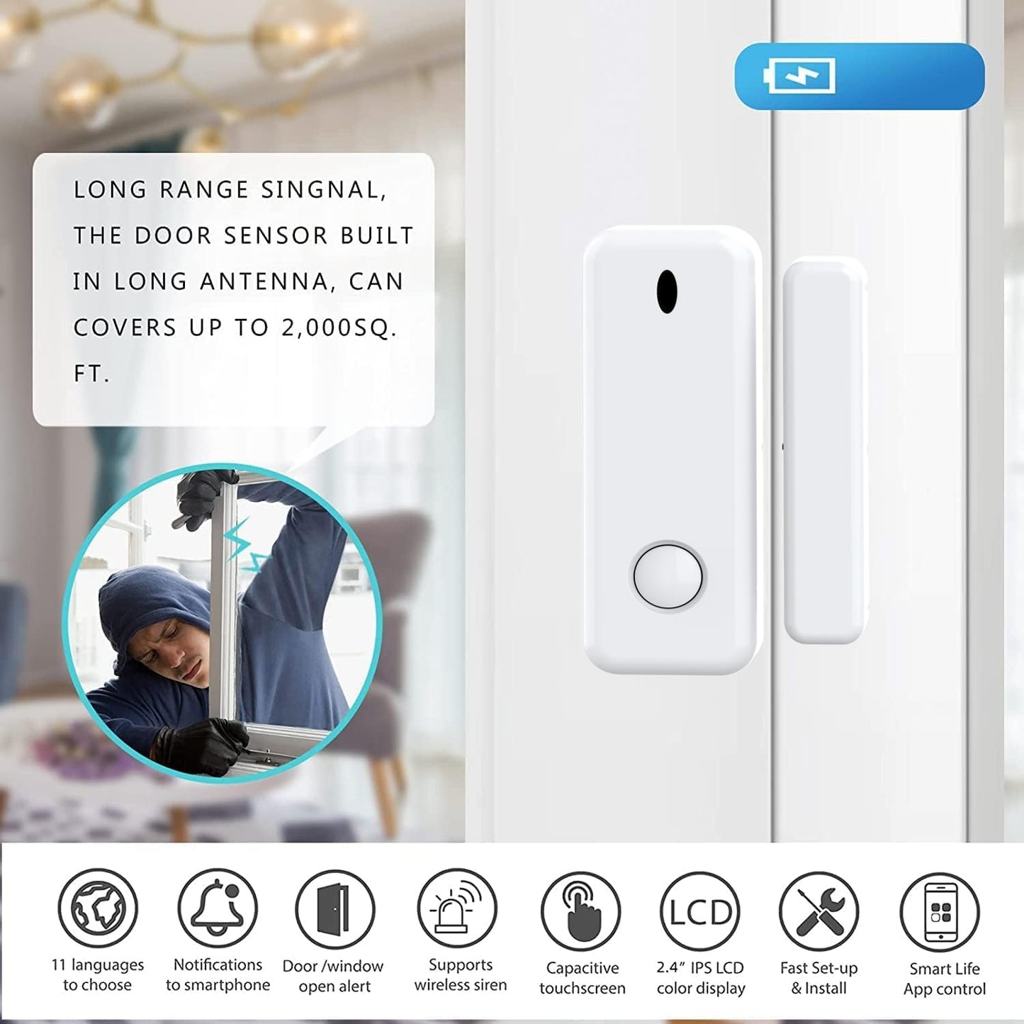 WiFi and 4G GSM (2nd GEN) Home Security Alarm System, Door/Window Sensor (x7) 3 Motion Detector with Smart Life and Tuya App Alert, Works with Google Assistant and Alexa (WIFI-GSM-4G)