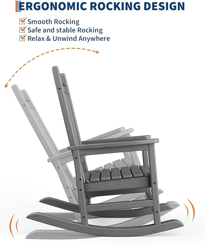GarveeLife Poly Lumber Rocking Chair Outdoor Set of 4 with 2 Side Table - HDPE High Back Porch Rocker Chairs for Adults - All Weather Resistant Furniture for Patio - Gray