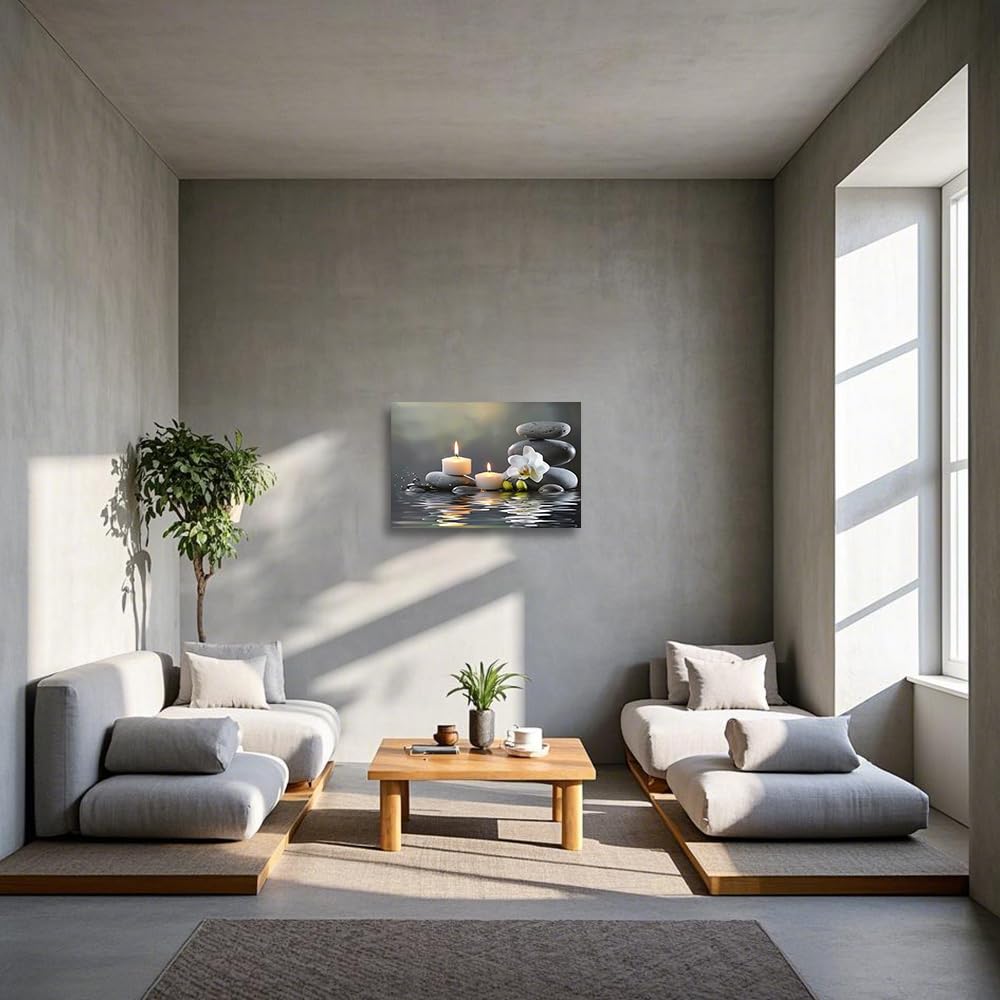 CGXLB Zen Stone Wall Art Candles & Orchid Painting Serene Water Decor for Spa Bathroom Bedroom Meditation Room 12"x18"