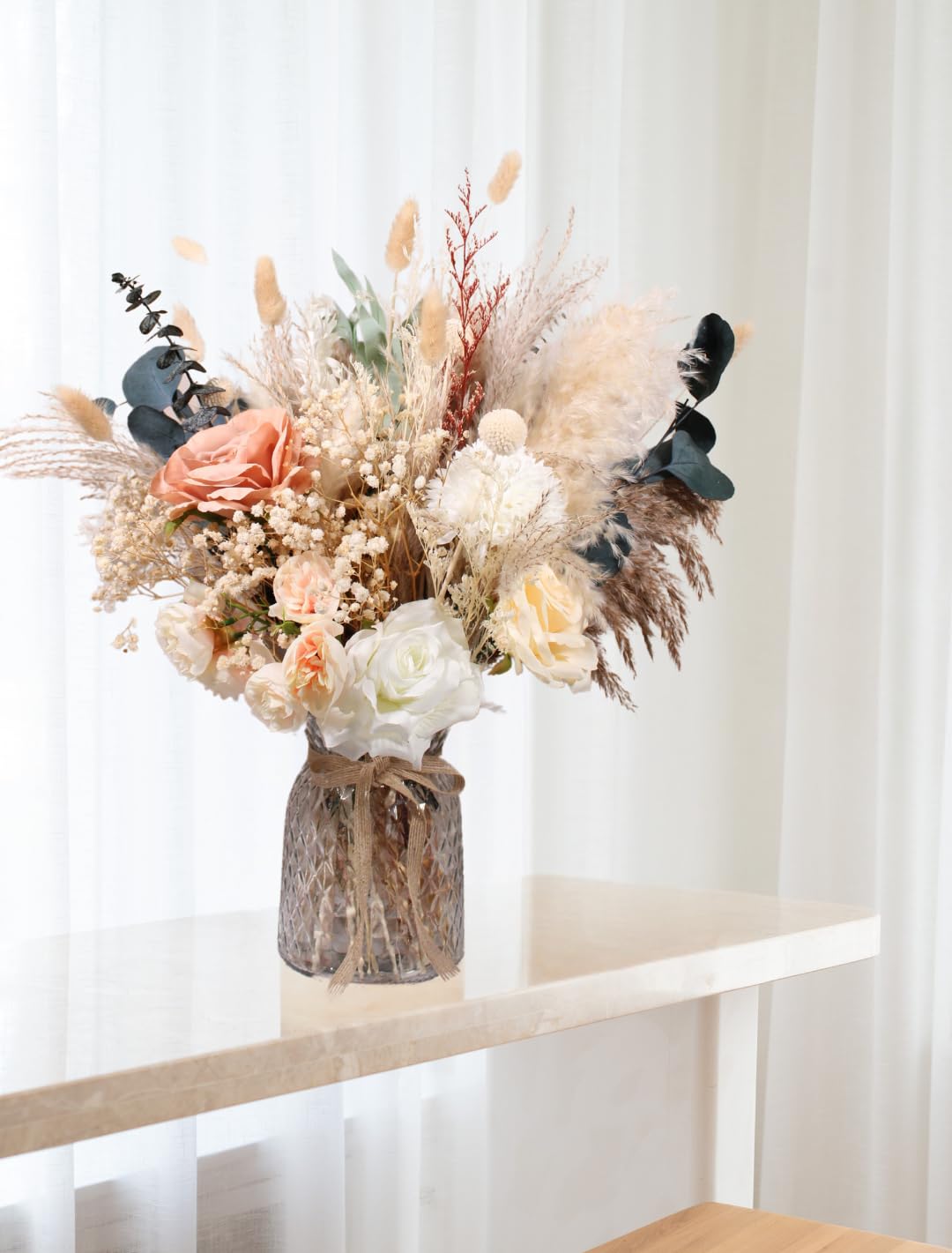 Luxury Floral Arrangement with Vase - Pampas Grass & Artificial Flowers for Kitchen Island, High End Centerpiece Decor, Coffee Table & Dining Table, Farmhouse Boho Home Decor with Dried Flowers