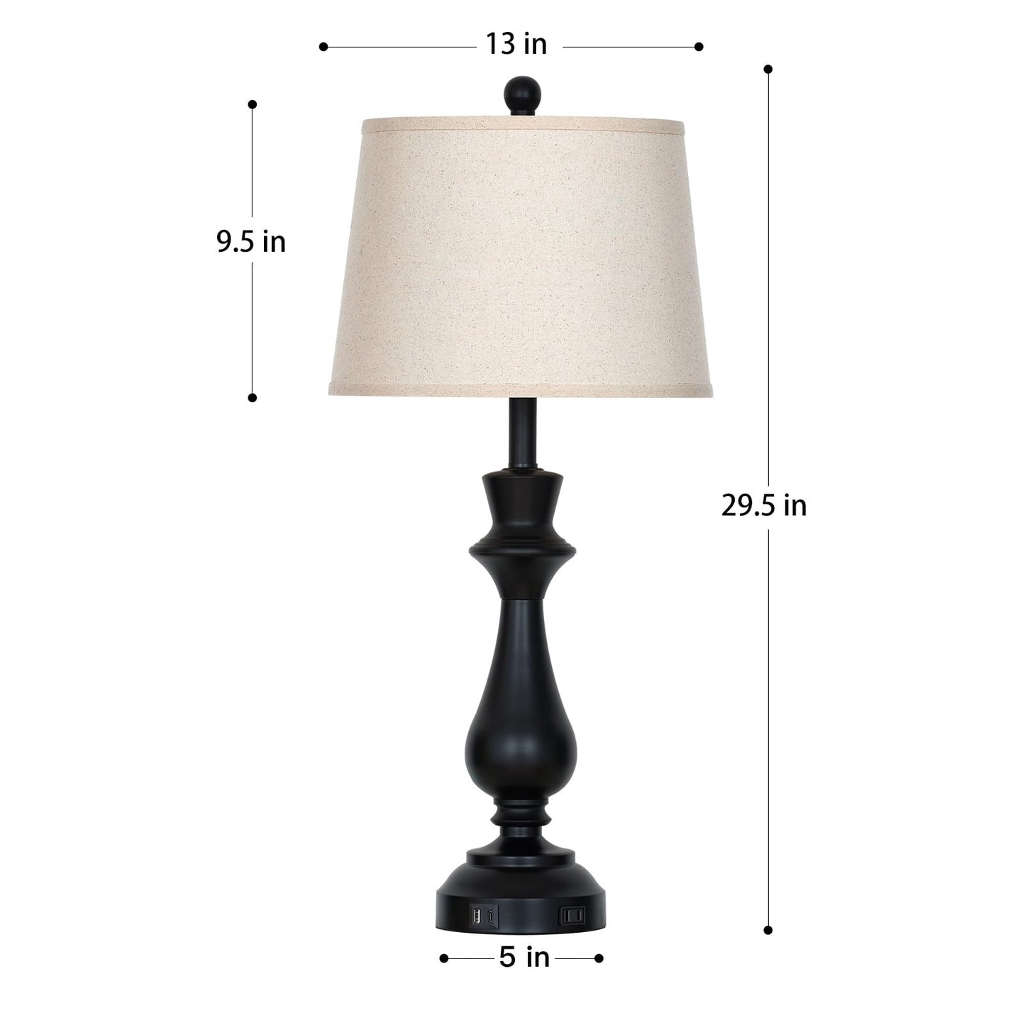 luxeflow Modern Black Table Lamp for Living Room,30" Tall Bedside Lamp with USB Charging Port,3-Way Dimmable Touch Nightstand Lamp for Bedroom Desk Side Table Office,Black-1P