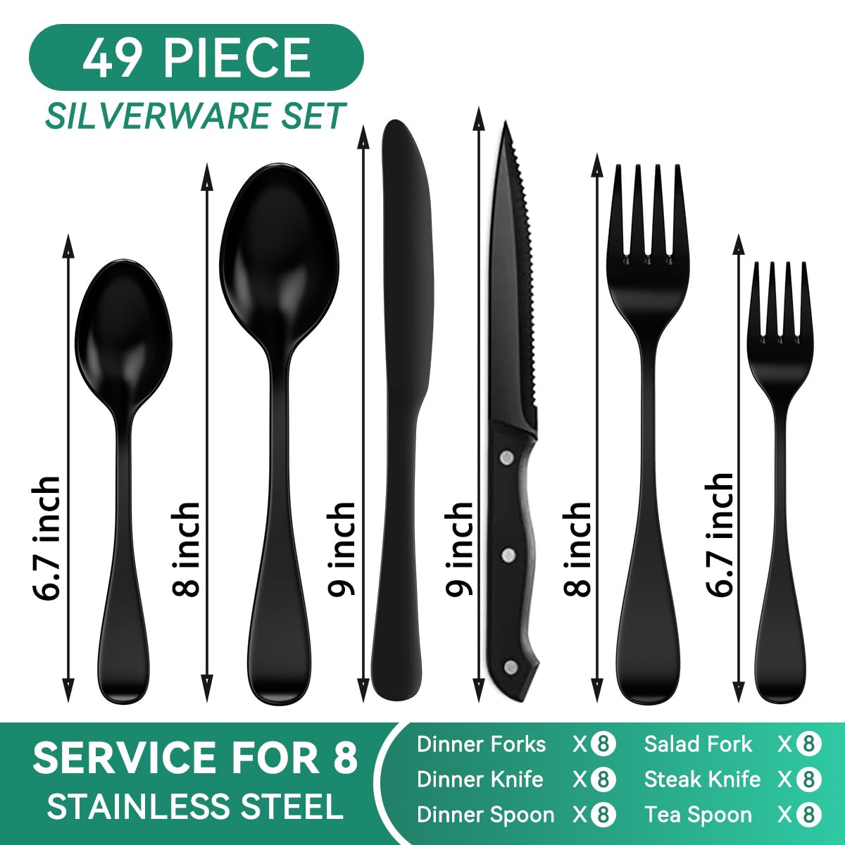 49-Piece Stainless Steel Silverware Set with Cutlery Organizer, Service for 8 with Steak Knives and Kitchen Utensils