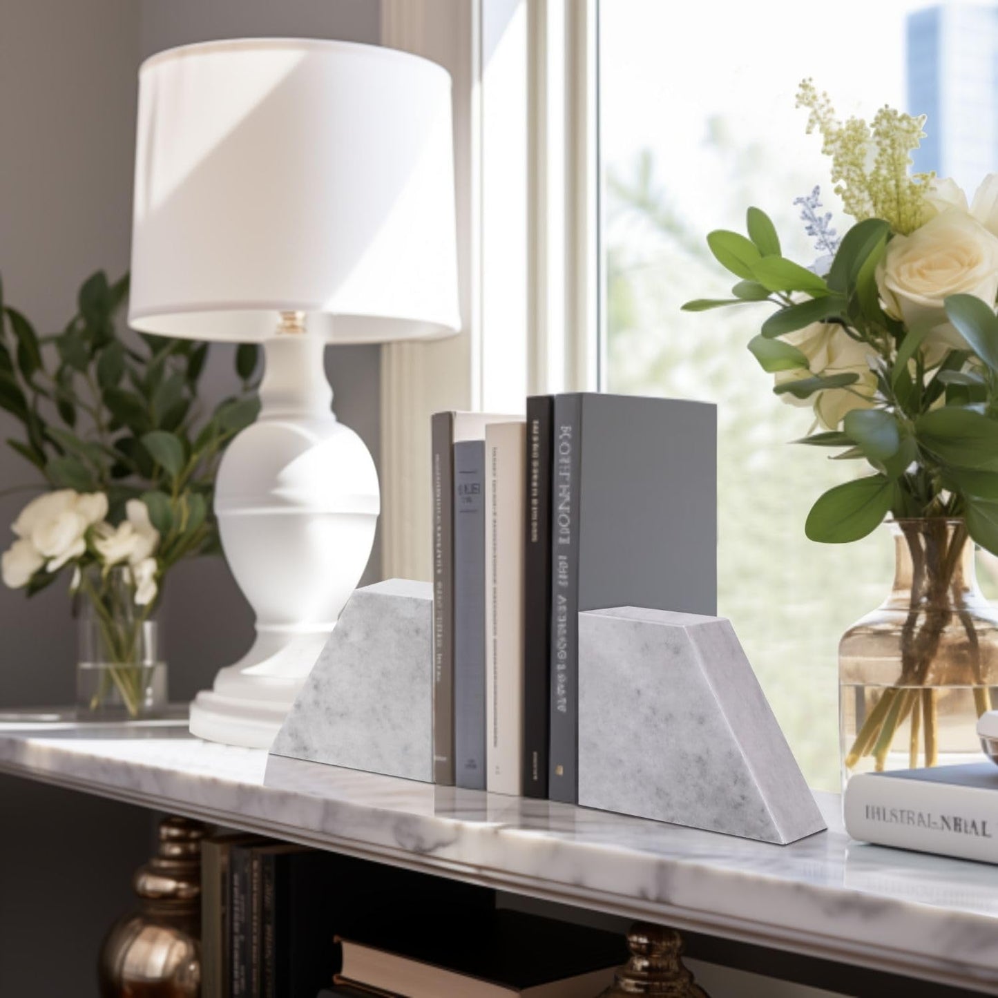 Flexzion Book Ends for Heavy Books - White Marble Bookends Decorative for Shelves, Weighted Modern Stone Marble Bookends Stopper with Non-Skid Bottom for Desk, Shelves, Kitchen and Office (Set of 2)