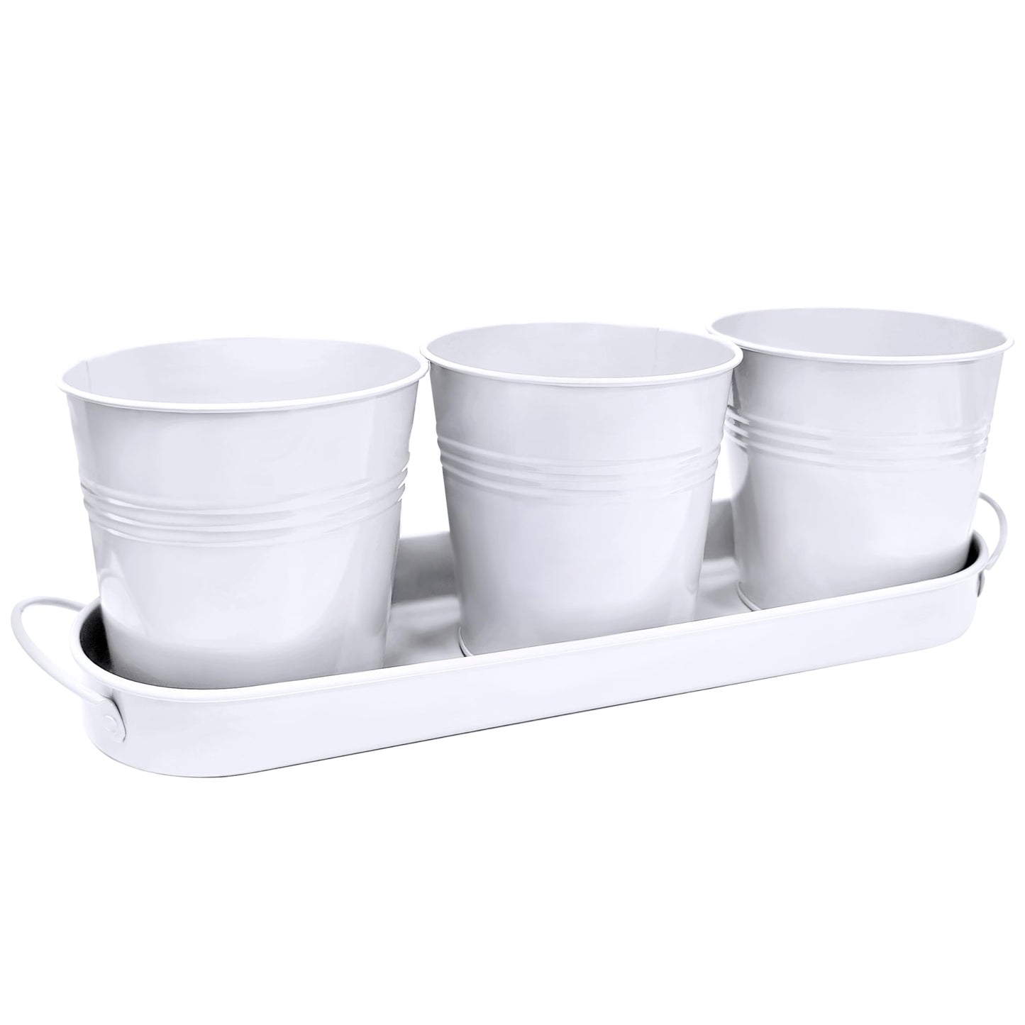 TCBWFY Indoor Herb Garden Planter Set - 3 Pack 4.7" White Metal Plant Pots with Drainage Holes & Removable Tray - Windowsill Kitchen Counter Balcony Office Garden