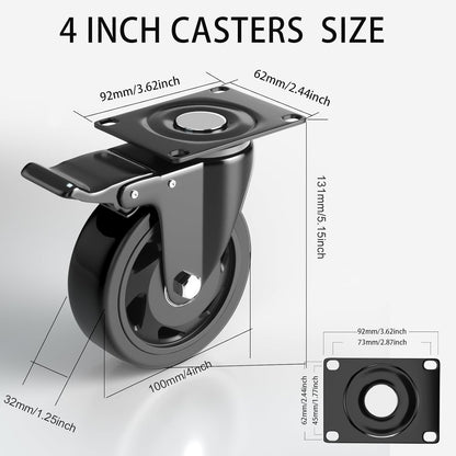 4 Inch Caster Wheels with Brake, Heavy Duty Casters Set of 4, Swivel Top Plate Casters with Double Ball Bearings, Industrial Locking Castor Wheels For Furniture, Workbench, Cabinet(Free Hardware Kits)