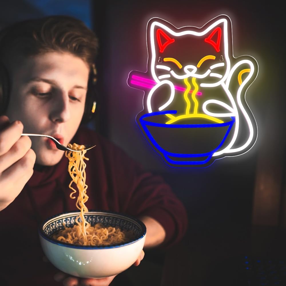 RuCvixkt Ramen Cat Neon Sign for Wall Decor, Fortune Japanese Cat Eating Ramen Led Light Signs Maneki Neko Lucky Neon Signs for Bedroom, Noodle Resturant,Baby Girls Room Party Gift