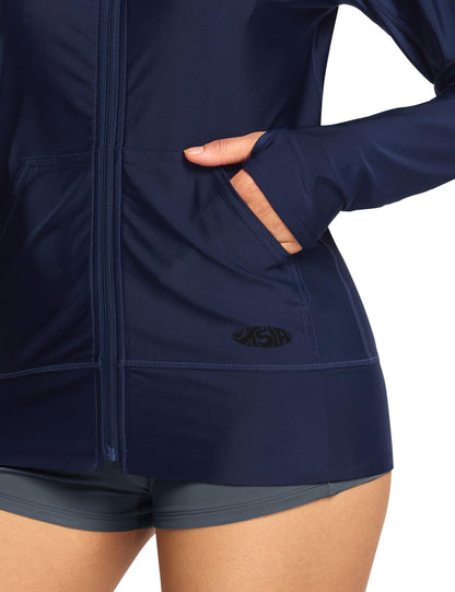 TSLA Women's Hoodie Zip Front Rash Guard, UPF 50+ Long Sleeve Swim Shirts, UV/SPF Sunscreen Wetsuit Swimsuit Top, Flow Navy, X-Small