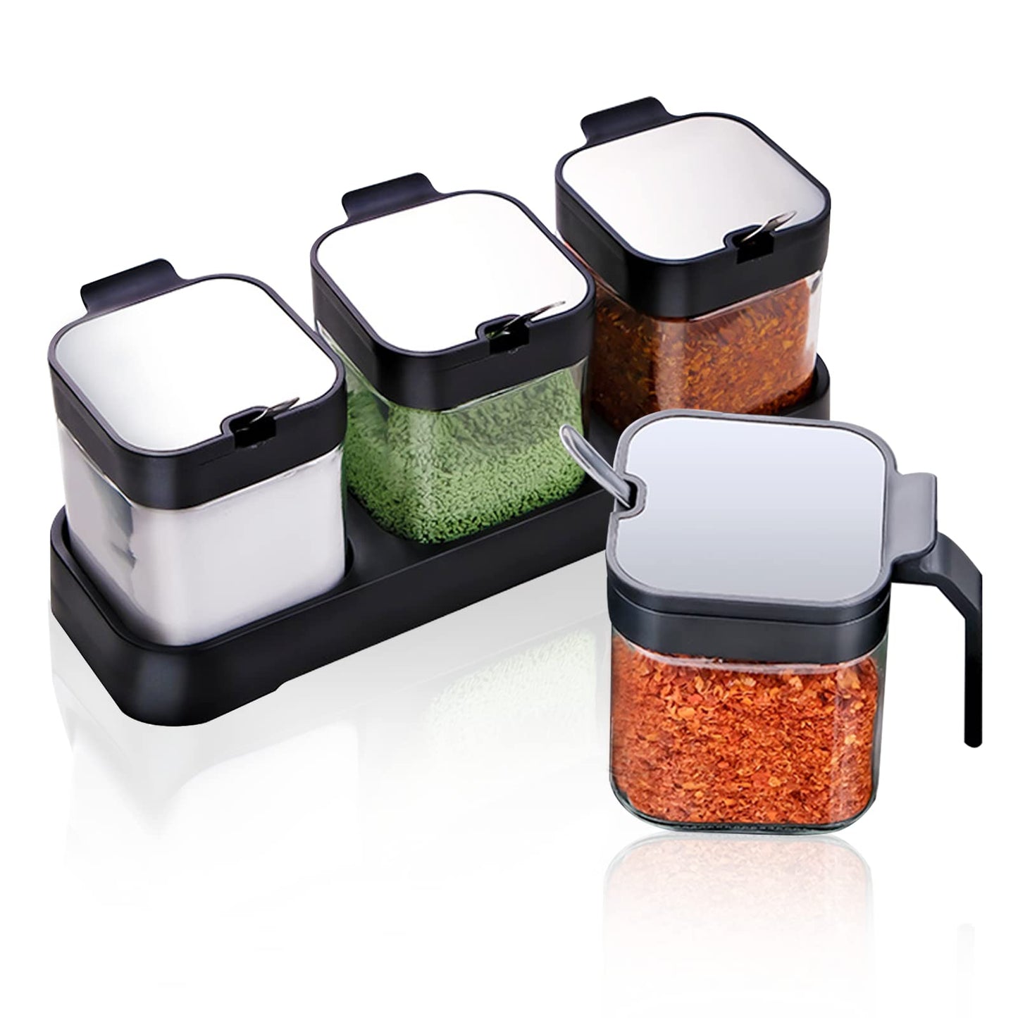 Clear Glass Condiment Canisters Pots, 8 oz Condiment Jar Spice Container with 304 Stainless Steel Lids and Spoons, Glass Seasoning Box Set of 3 Spice Jars Salt Container Sugar Bowl for Kitchen(Black)