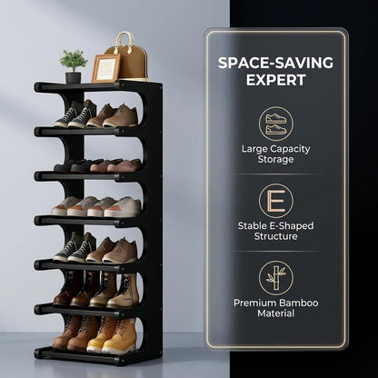39" Bamboo Shoe Rack - Vertical Shoe Organizer Rack for Small Space, Narrow Shoe Tower for Closet, Entryway, Corner, Tall Shoe Shelf with Removable Shelves, Flexible Storage Shelf for Saving Space