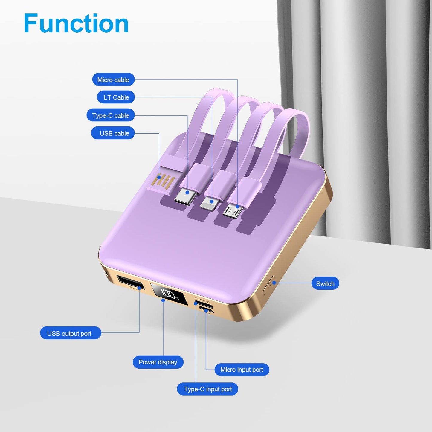 Portable Charger with Built-in Cable,12000mAh 22.5W Fast Charging Small Power Bank,USB C Input/Output with Smart LED Display,External Battery Pack for iPhone,Tablet,Samsung