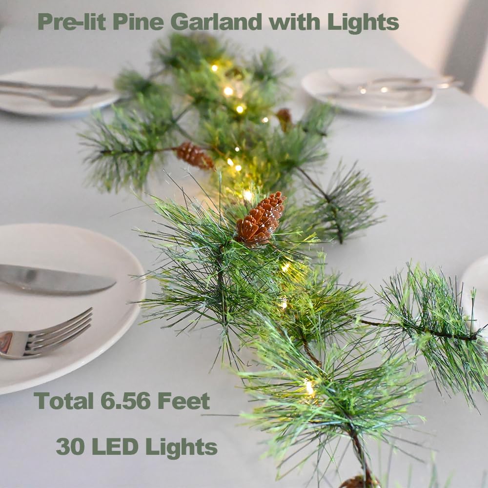 PALONMY Christmas Garland with Lights 6.56 FT Smokey Pine Garlands with 30 LED Fairy Lights Battery Operated Garland Lights with Pine Cones Artificial Greenery Garland Christmas Pre-lit Light for Home