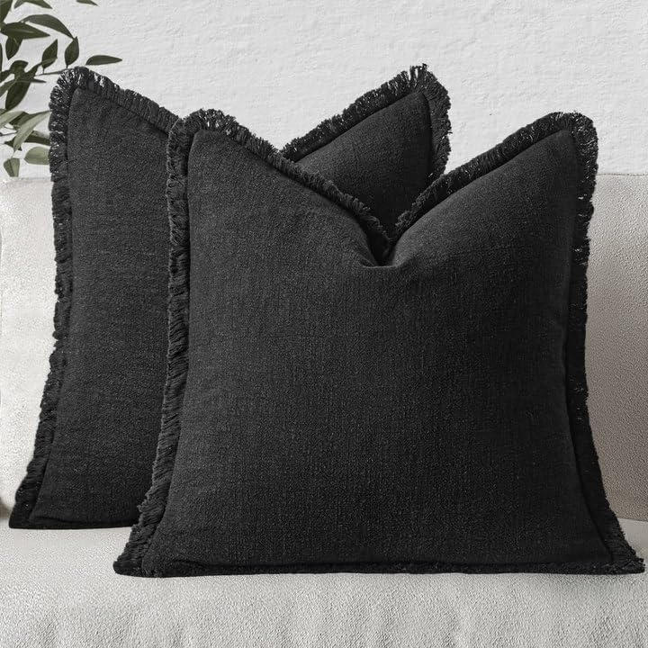 MIULEE Christmas Decorative Throw Pillow Covers Neutral Linen Fringe Fall Throw Pillows Set of 2 Natural Beige Boho Farmhouse Cushion Covers with Tassels for Couch Sofa Bed Home Decor 20x20 Inch