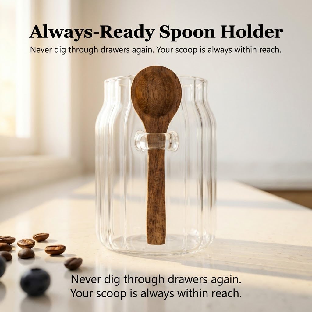 FUYIHGL® 3PCS Glass Storage Jars with Wooden Lids & Spoons – 20oz Airtight Canister Set with DIY Blank Labels – Decorative Small Containers for Coffee Bar, Bath Salts, Sugar, Spice & Overnight Oats