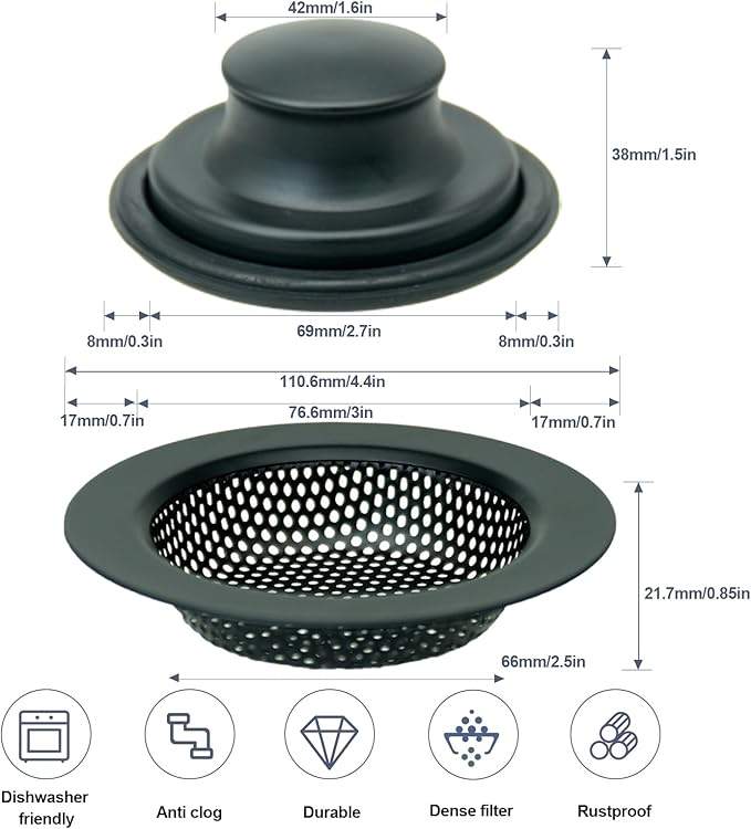 RQYEKDO Kitchen Sink Strainers Sink Stopper Kits, Stainless Steel Sink Drain