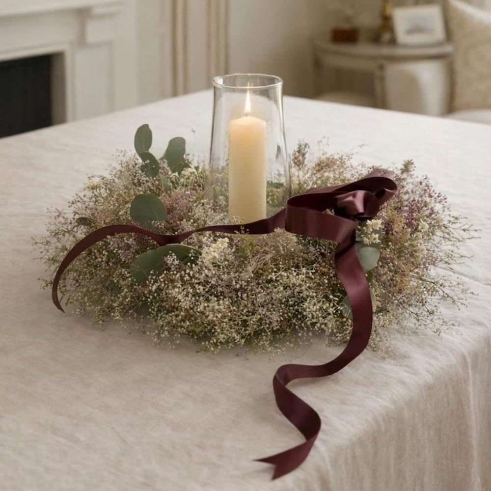 Pearly Dried Flower Centerpiece, Handmade Everlasting Floral Arrangement with Sweet Annie and Eucalyptus, 16 Inch Round Botanical Decor for Table, Mantel or Wall