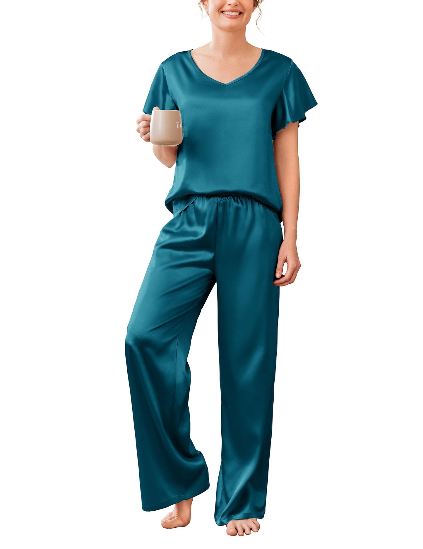 Ekouaer Women's Satin Silky Pajama Set 2 Piece Short Sleeve Shirt with Long Pants Pjs Sets Soft PJ Loungewear S-XXL