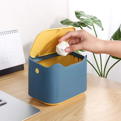 YAGGOOD Small desk bin mini waste bin with lid kids dustbin trash can for classic desk, desktop, bedroom, office table top bin in blue and yellow color