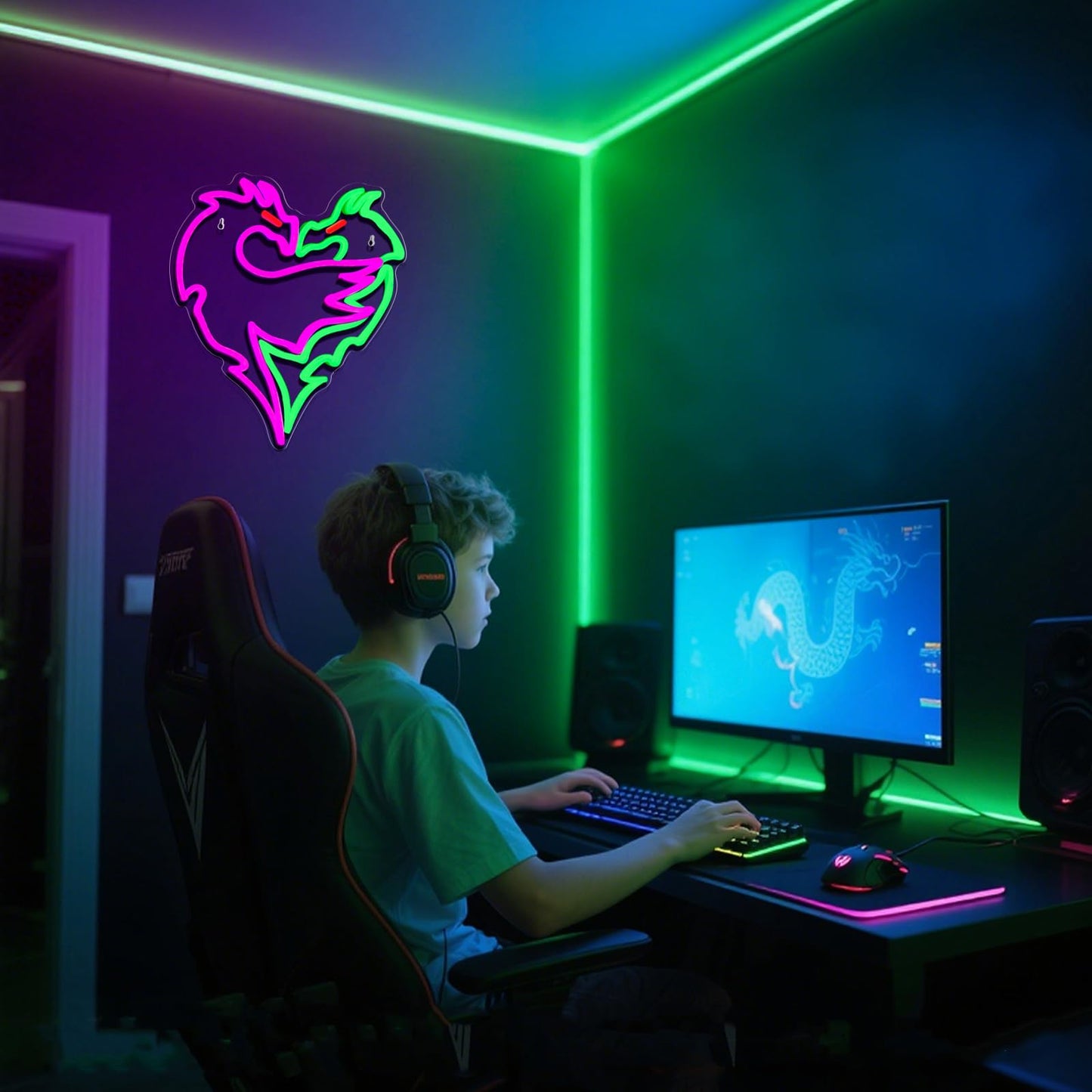 Mvorixa Dragon Neon Sign – Dimmable Purple & Green LED Dragons Embrace Lights, Cool Neon Wall Light for Gaming Room, Bar, Man Cave & Fantasy Bedroom Decor (12.95×14.37 in)