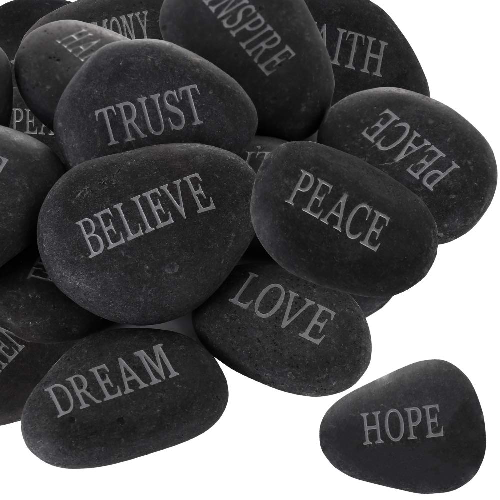12PCS DIY Rocks for Engraved Inspirational Polished Garden Stones, Natural Encouragement Personalized Healing Decor River Stone - Unique Gift for Friends Arts Crafts (12 Different Words) (Black)