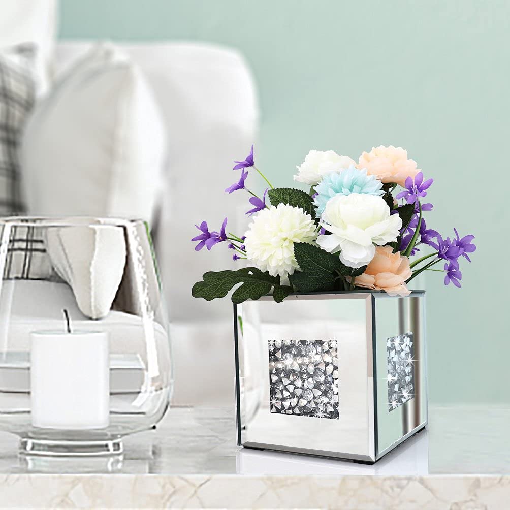 Crushed Diamond Mirrored Vase 6x6x6inch Crystal Silver Glass Stunning Decorative Vase Flower Luxury for Home Decor. Can’t Hold Water.