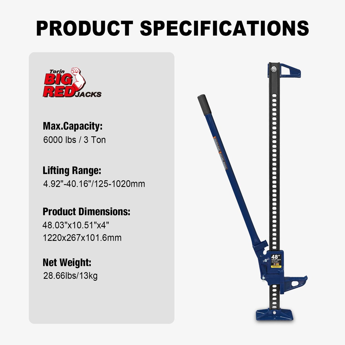 TCE ATR6501BU Torin 48" Ratcheting Off Road Utility Farm Jack, 3 Ton (6,000 lb) Capacity, Blue