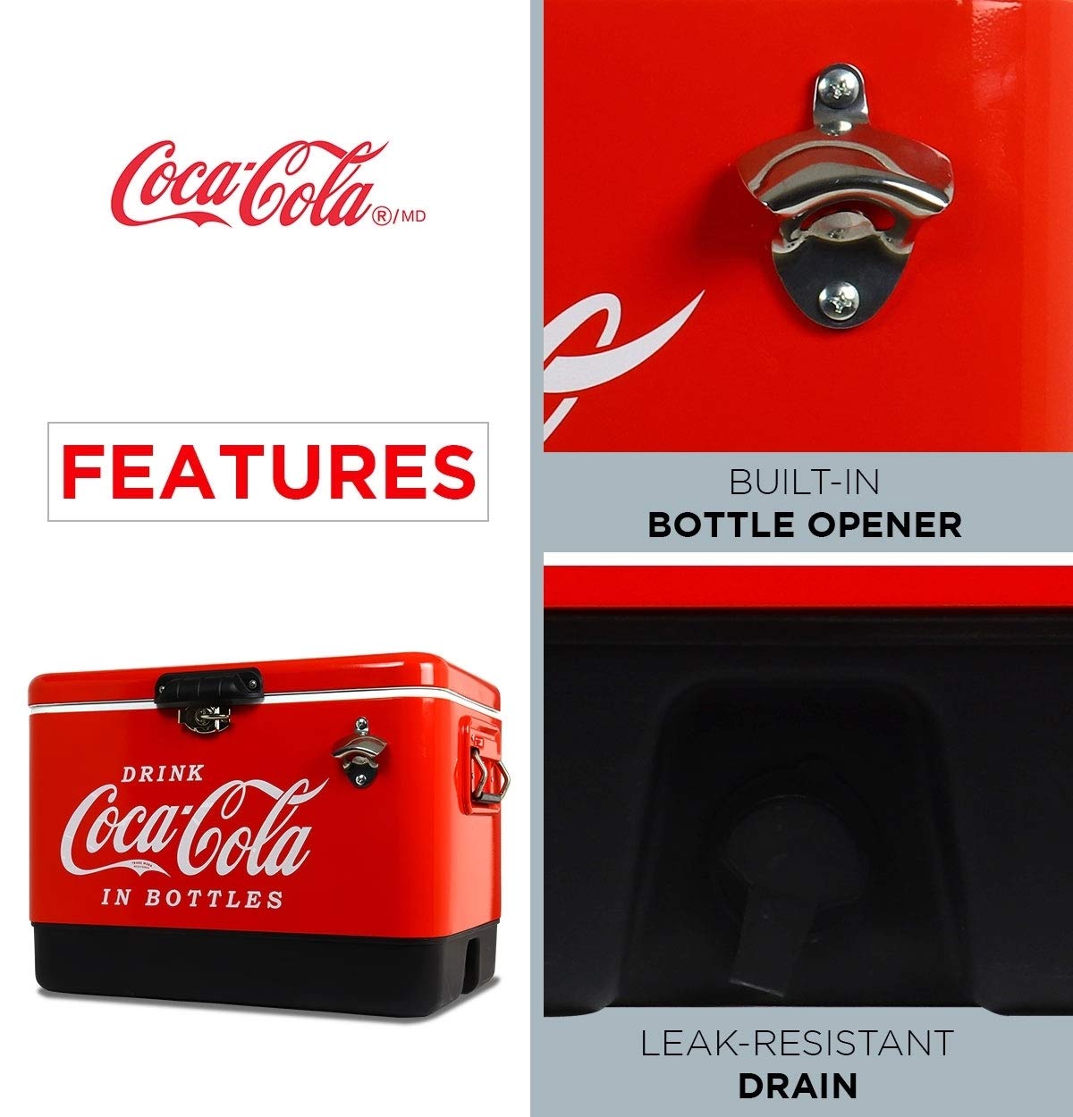 Coca-Cola Ice Chest Cooler - Portable Ice Bucket with Bottle Opener, Vintage Style, Insulated for Camping, Beach, Picnic, RV, BBQs, Tailgating, Fishing, Stainless Steel 85 Can Ice Box, 51L (54 qt)