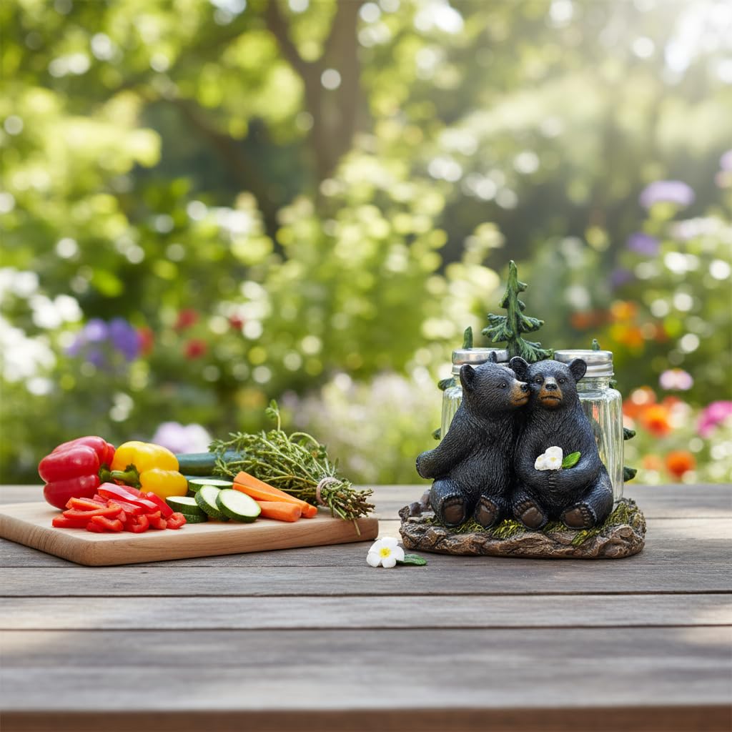 Comfy Hour 5" Black Bear Salt and Pepper Shaker Duo (Empty Bottle Set Included), Decorative Lover Bears beside Pine Tree Figurine Holder, Rustic Lodge Cabin Style Tabletop Decor, 1 Unit