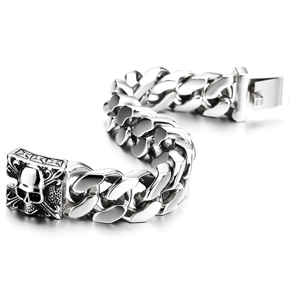 COOLSTEELANDBEYOND Mens Large Stainless Steel Curb Chain Bracelet with Fleur De Lis and Skull, Polished, Biker Gothic