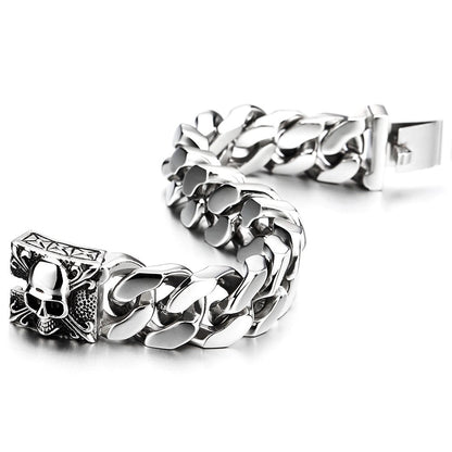 COOLSTEELANDBEYOND Mens Large Stainless Steel Curb Chain Bracelet with Fleur De Lis and Skull, Polished, Biker Gothic
