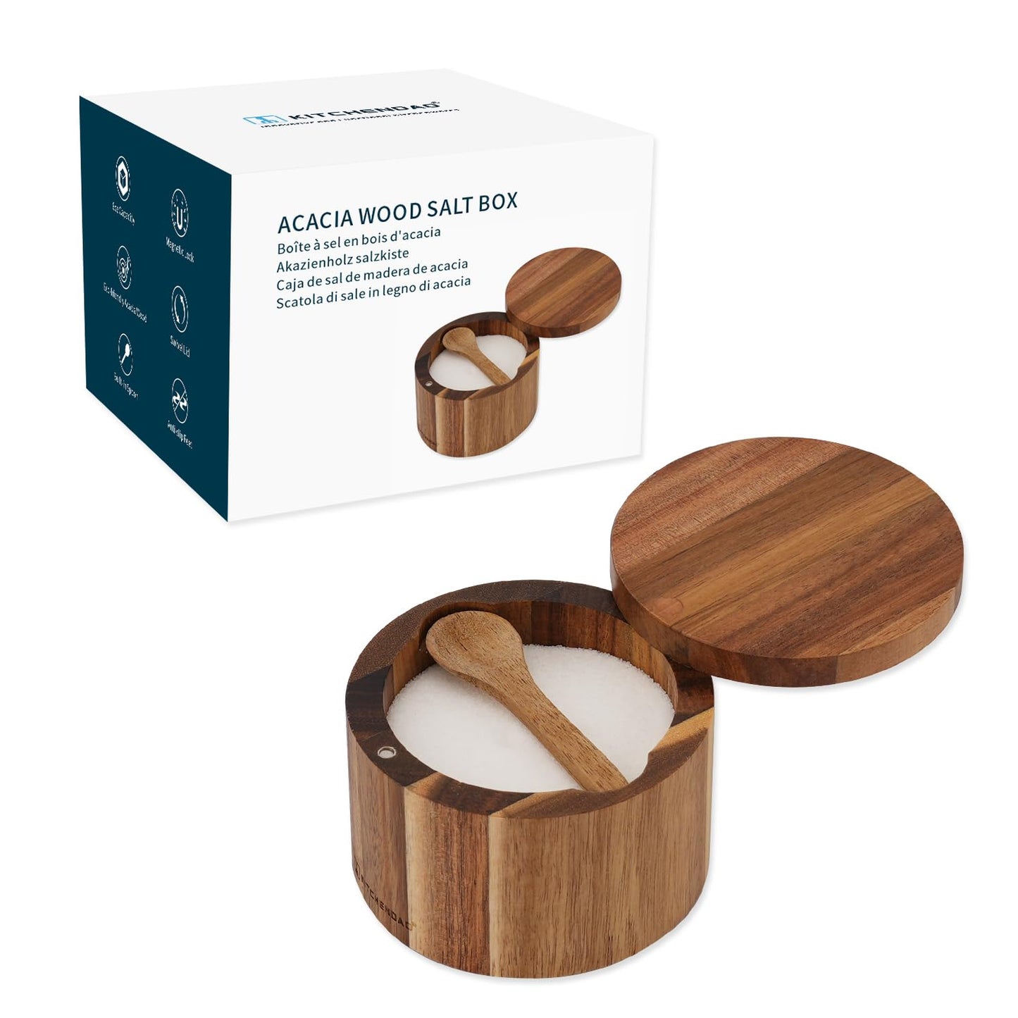 KITCHENDAO Porcelain Sugar Bowl and Acacia Wood Salt Cellar Bowl Box with Spoon