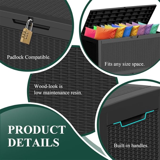 120 Gallon Resin Deck Box, Lockable Weatherproof Outdoor Storage Box for Furniture, Garden Tools and Tools Storage, Waterproof Outside Storage Boxes - Black
