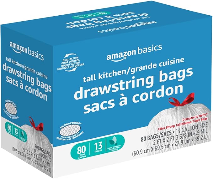 Amazon Basics Ultra-Force Tall Kitchen Drawstring Trash Bags, Classic Clean
