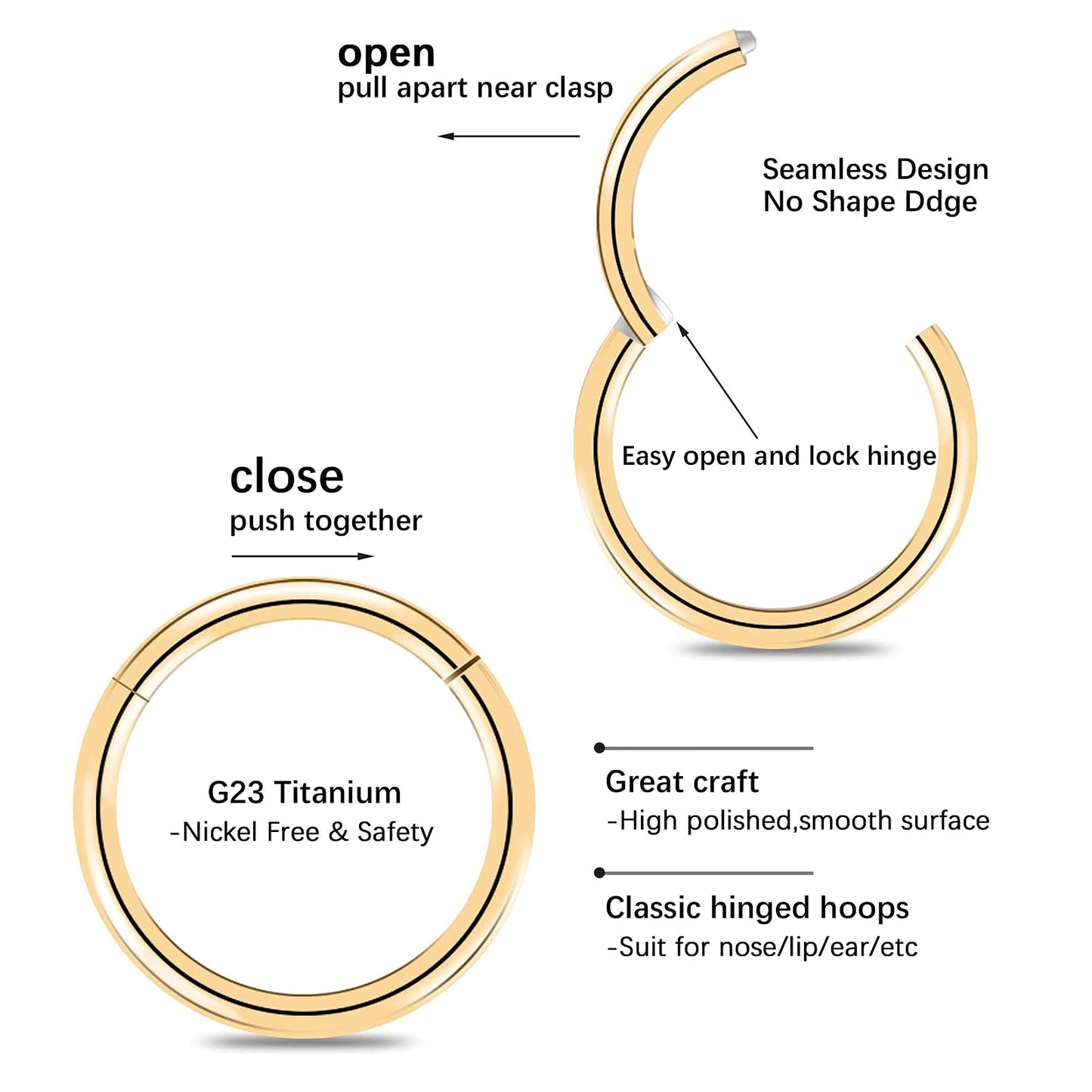 arvinpiercing BOGKU 6pcs G23 Titanium Hinged 16g Nose Rings Hoop 16 Gauge 11mm Nose Septum Clicker Segment Rings Cartilage Conch Tragus Helix Rook Hoop Earring Nose Ear Piercing Hoops