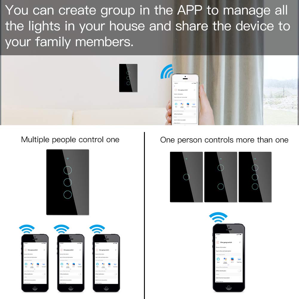 MOES Touch Wall Single Live Wire Smart Switch，No Neutral Wire Needed, 2.4GHz WiFi RF433 Light Switch Works with Smart Life/Tuya App, Alexa and Google Home, Single Pole 110V, White 1 Gang