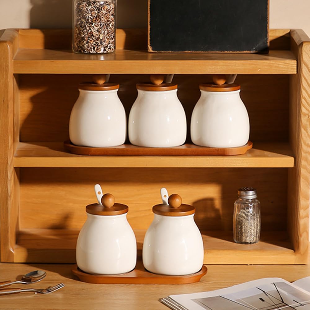 ANQIA Porcelain Condiment Jar Set Spice Jars with Wooden Lids and Tray Ceramic Spice Container with Spoons for Sugar, Salt,Tea, Spices, Coffee (Set of 3)