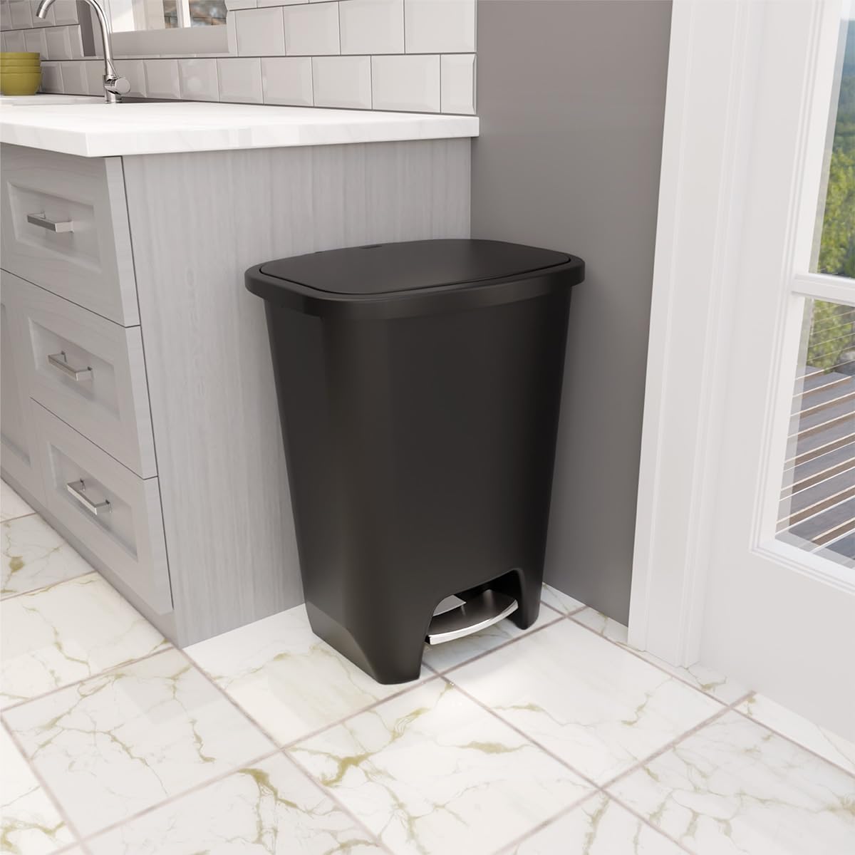 Glad Premium 20 Gallon Trash Can - Plastic Kitchen Waste Bin with Odor Protection of Lid, Stainless Steel Step On Foot Pedal and Garbage Bag Rings, Black