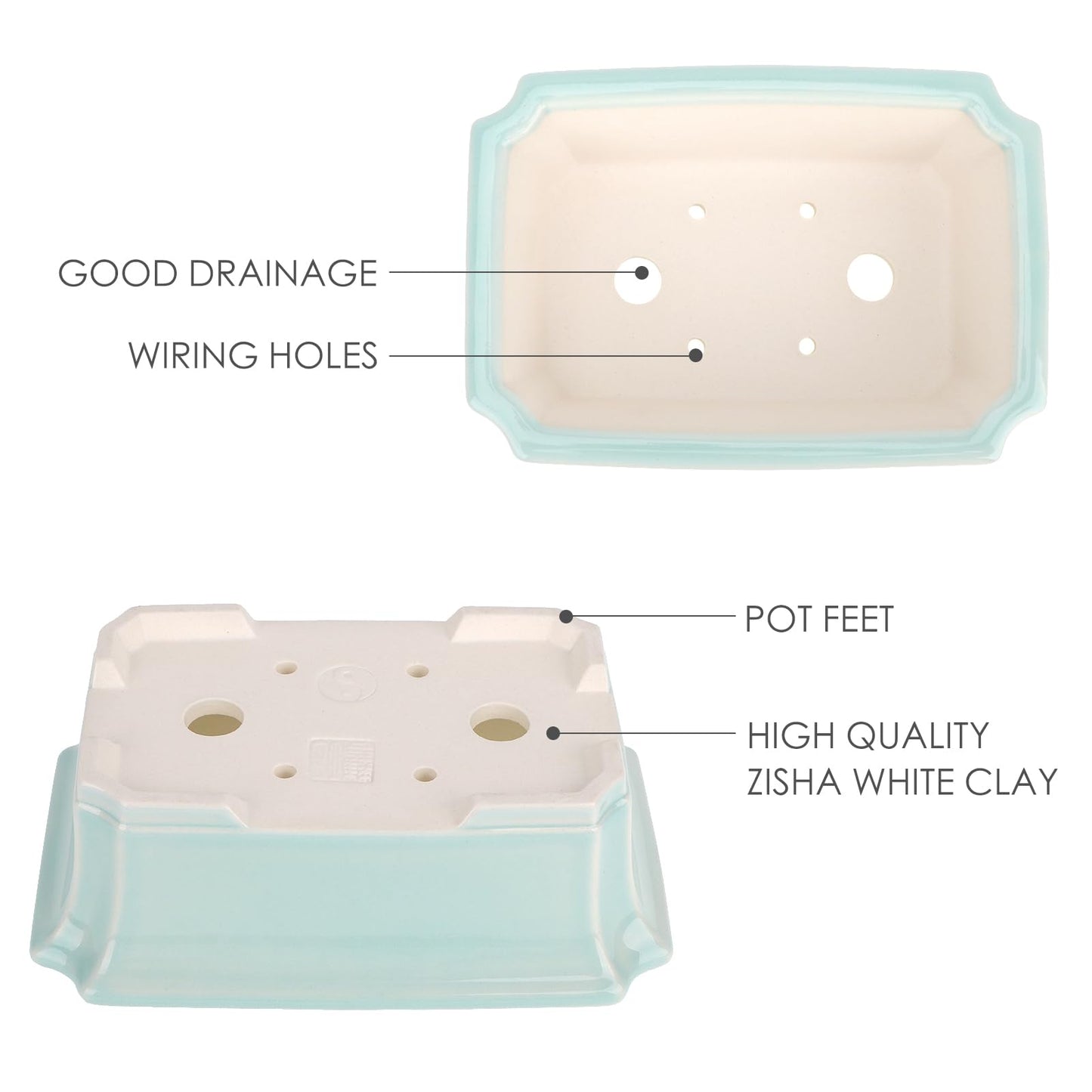 Set of 2 Zisha White Clay Bonsai Pot Glazed Shallow Succulent Planter Light Green