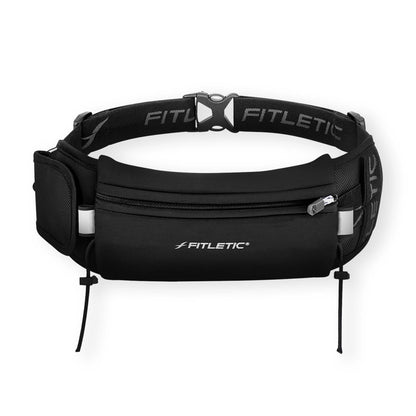 Fitletic Running Belt with Side Pocket, Loops for Energy Gels, Race Bib Number Holder. Waist Pack Water Resistant Phone Holder. Model Ultimate II Black