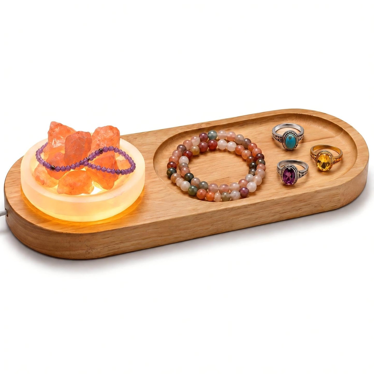 Hushee Light up Wood Jewelry Tray Crystal Holder Set of 3 - Selenite Charging Bowl & Natural Raw Rose Quartz Stone Aesthetic Room Decor for Jewelry Storage, Meditation, Ideal Gift for Women